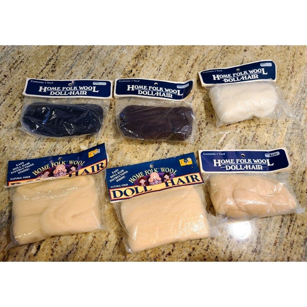 Home Folk Wool Doll Hair. Lot of 6. Black, Dark Brown,Natural ,Blond,Pale Yellow